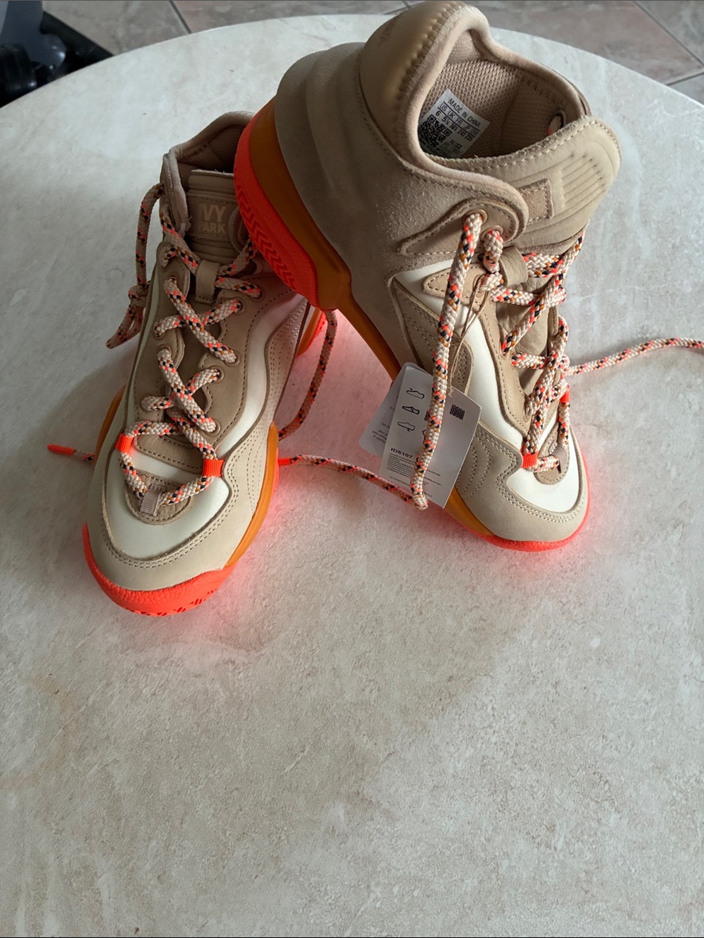 Adidas Beige and Neon Orange Women's High-Top Sneakers